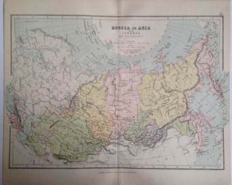1887 Russia in Asia Original Antique Map - Vintage Decor - Siberia - Russian Empire - Caucasus