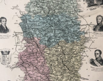 1890 Meuse Original Antique Map - Department of France - Inset Steel Engravings of Bar-LeDuc and Local Dignitary Portraits