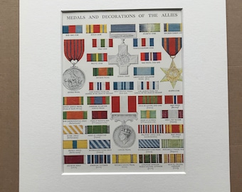 1940s Medals and Decorations of the Allies Original Vintage Print - Mounted and Matted - World War II - Military Decor -  Framed Vintage Art