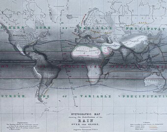 1853 Hyetographic Map showing the distribution of the Rain over the Globe Original Antique World Map - Meteorology - Available Framed