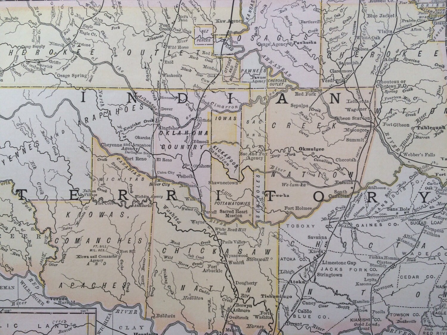 1891 INDIAN TERRITORY Original Antique Map, 8.5 x 11.5 inches, Rand