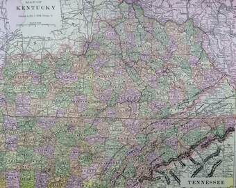 1901 KENTUCKY & TENNESSEE Large Original Antique Map, 22.5 x 14.5 inches, Home Decor, Cartography, Geography, Vintage Decor, US State Map