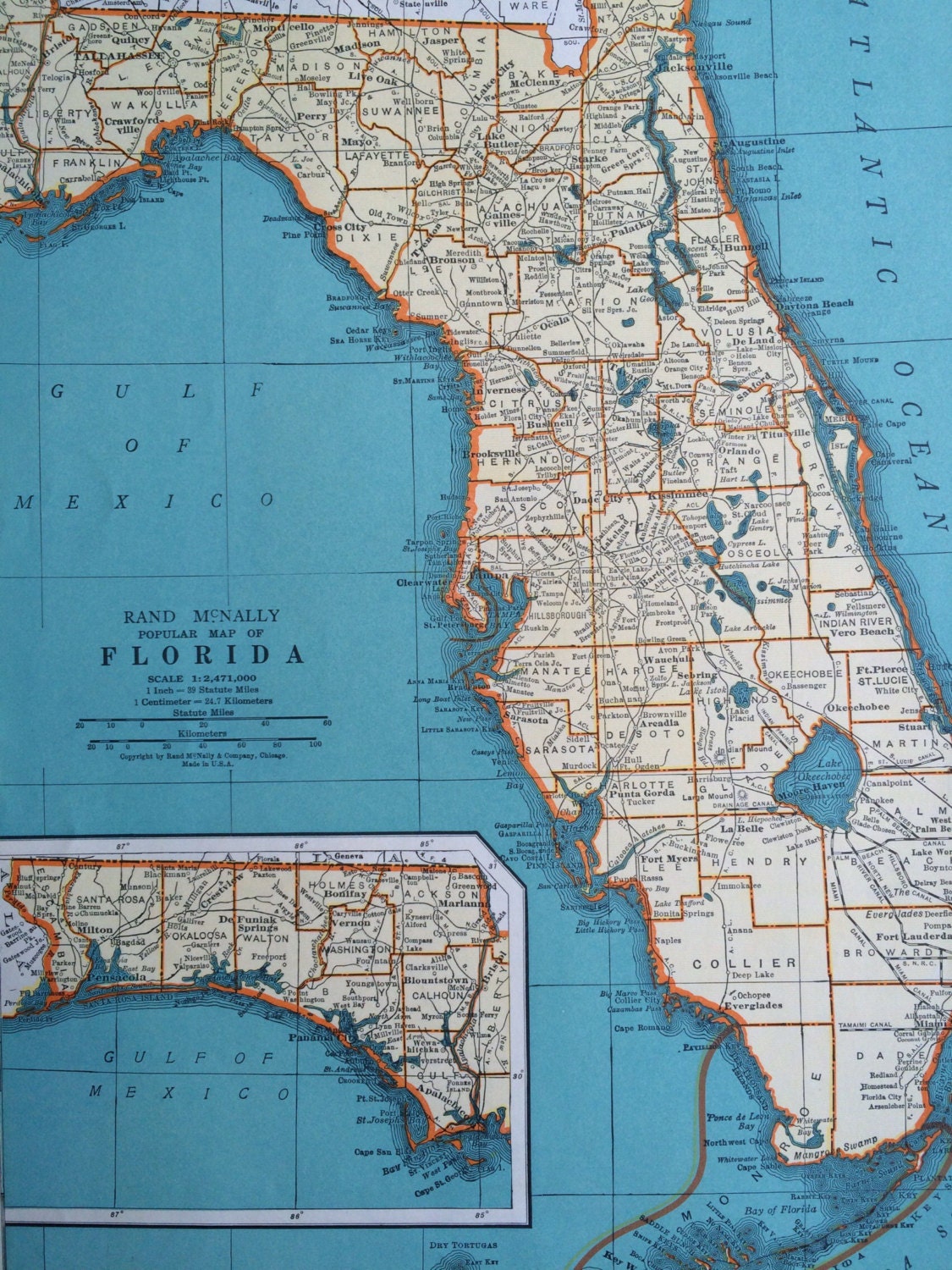 1937 FLORIDA Original Vintage Map 11 x 14 inches State Map Etsy