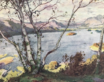 1914 Derwentwater Lake with Bassenthwaite beyond Original Antique Print - The Lake District - Mounted and Matted - Available Framed