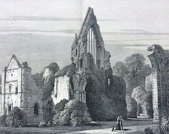 1883 Dryburgh Abbey drawn by S. Read Original Antique Engraving, Victorian Decor, Architecture, Ruined Building