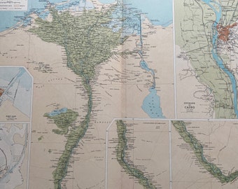 1922 LOWER EGYPT Large Original Antique Times Atlas Physical Map with inset maps of Suez, Cairo and Port Said and the upper Nile river