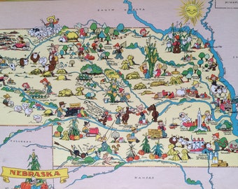 1935 Nebraska Original Vintage Cartoon Map - Ruth Taylor - Available Framed - Whimsical Map - United States