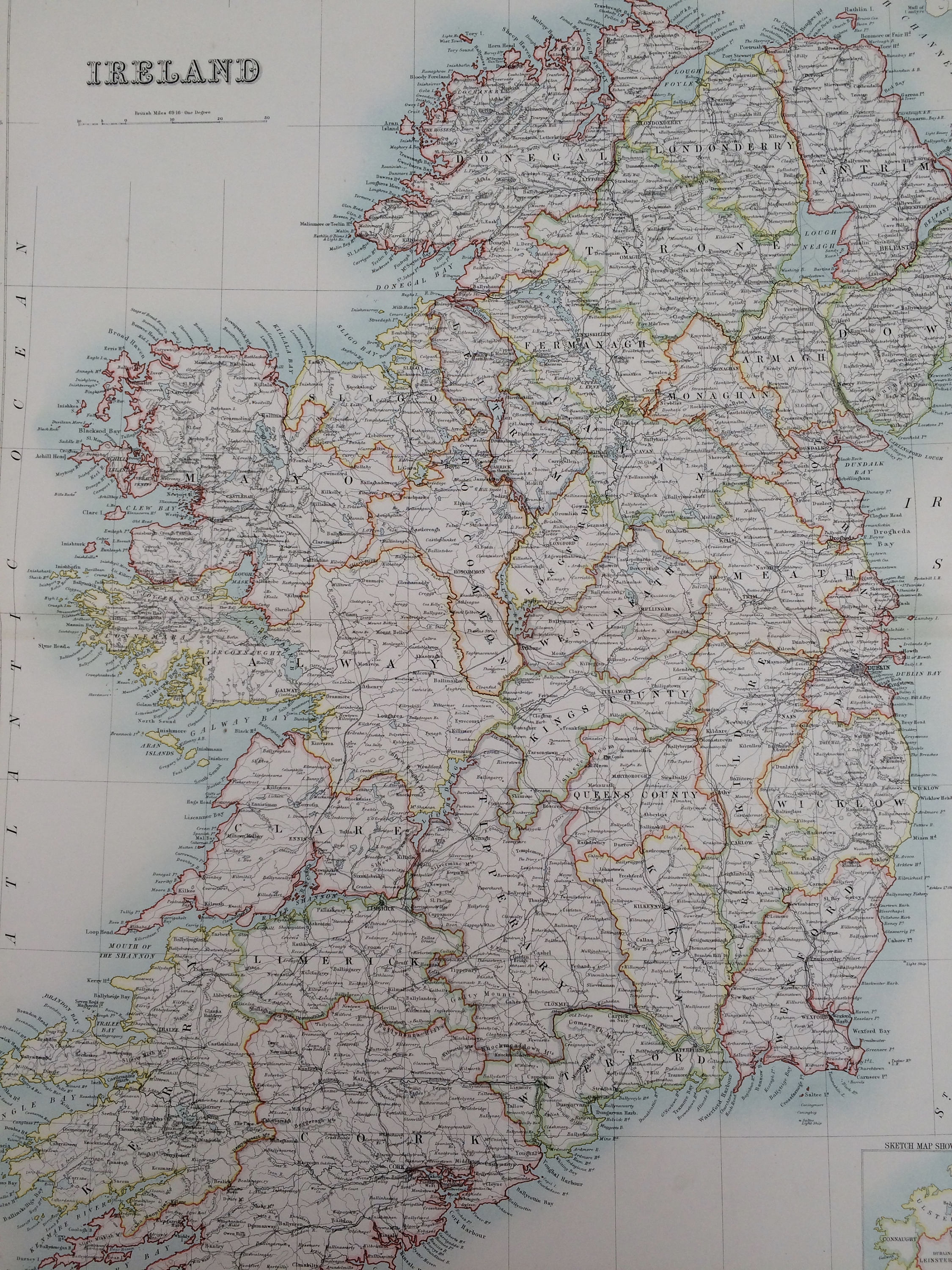 1898 Ireland Extra Large Original Antique A & C Black Map Irish History Irish Decor Eire