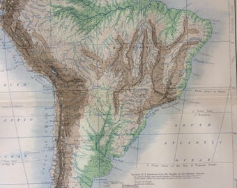 1873 Mountains, Table Lands, Plains & Valleys of South America Original Antique Map - Geography - Physical Map - Cartography