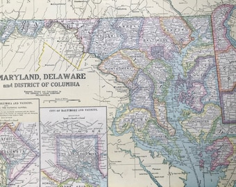 1936 Maryland, Delaware and District of Columbia Original Antique Map - Baltimore - United States - Cartography - Vintage Wall map