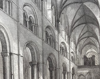 1838 Chichester Cathedral - Nave Looking East Original Antique Engraving - Architecture - Mounted and Matted - Available Framed