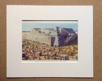 1940s Pyramid Illustration Original Vintage Print - The Building of a Pyramid in Ancient Egypt - Mounted and Matted - Available Framed