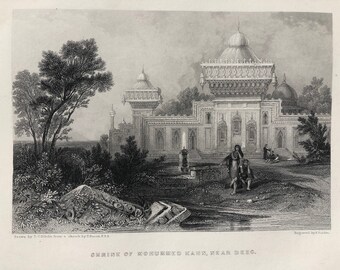 1871 Shrine of Muhammed Kahn, near Deeg Original Antique Steel Engraving - India - Mounted and Matted - Available Framed