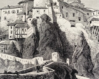 1876 Puente San Pablo, Cuenca Original Antique Engraving - Mounted and Matted - San Pablo Bridge - Spain - Landscape - Available Framed