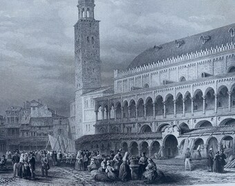 1874 The Market Place, Padua Original Antique Print - Italy - Mounted and Matted - Available Framed