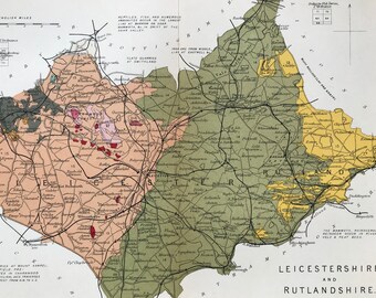 1913 Leicestershire and Rutlandshire Original Antique Small Geological Map - UK County Map - Geology - Available Framed