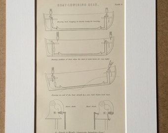 1891 Boat Lowering Gear Original Antique Encyclopaedia Illustration - Life Boat - Lifeguard Gift - Available Mounted, Matted and Framed