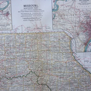1903 North Missouri Original große antike Landkarte mit Nebenkarten von Kansas City und St. Louis