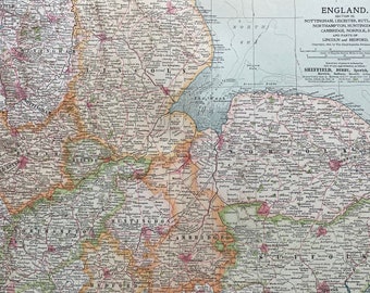 1903 England (Nottingham, Leicester, Rutland, Northampton, Huntingdon, Cambridge, Norfolk, Suffolk) Original Large Antique Map