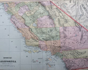 1901 CALIFORNIA (Southern part) Large Original Antique Map, 22.5 x 14.5 inches, Home Decor, Cartography, Geography, Vintage Decor, US State
