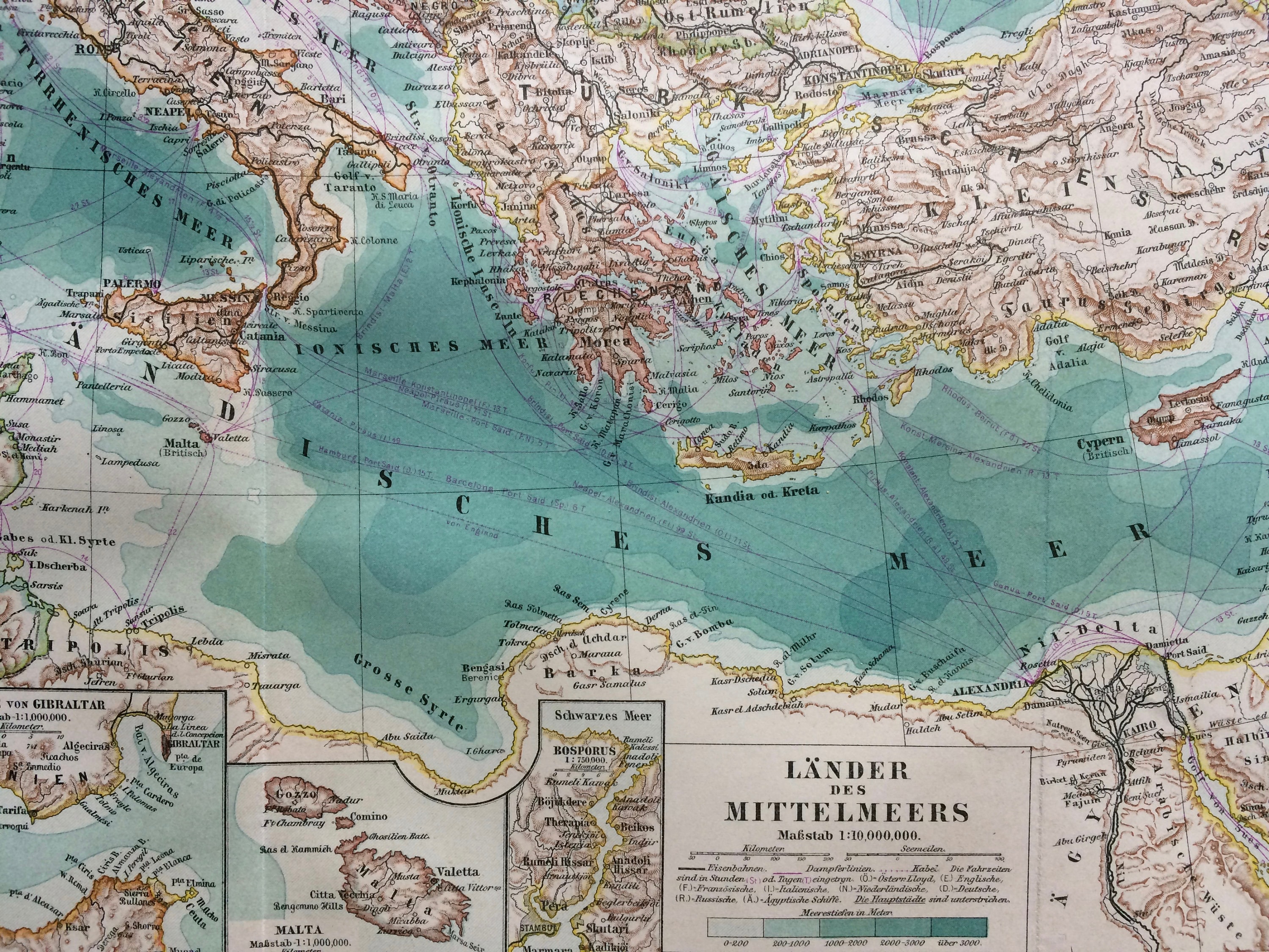1897 Mediterranean Countries Large Original Antique Map with inset maps of the Nile Delta 1897 Mediterranean Countries Large Original Antique Map with inset maps of the Nile Delta