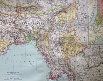 1903 The Bengal Provinces, Burma & Southern Tibet Large Original Antique Map, 15.5 x 20.5 inches, Harmsworth map