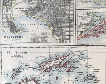 1901 Melbourne, Port Phillip, Otago Harbour, Fiji Islands- Original Antique Map - Map of Australian Cities  - Mounted and Matted