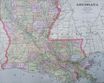 1901 LOUISIANA Large Original Antique Map, 22.5 x 14.5 inches, Home Decor, Cartography, Geography, Vintage Decor, US State Map