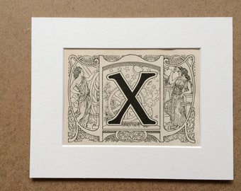 1923 Letter X Art Nouveau Original Antique Print - Mounted and Matted - Decorative Art - Wall Decor - Gift Idea - Name Day Present
