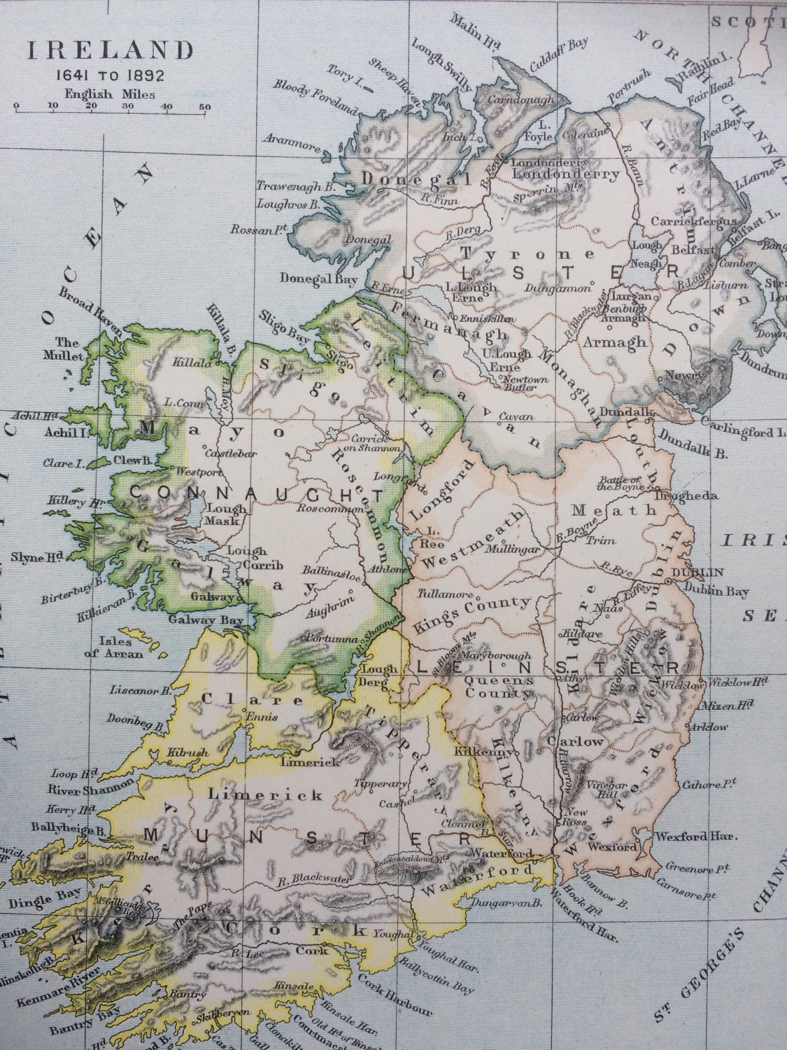 1905 Ireland 1641 to 1892 Original Antique Map, Military History, 10 x
