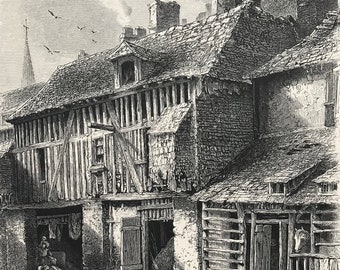 1876 Mill Stream at Vitre Original Antique Wood Engraving - Mounted and Matted - Available Framed - Brittany - France