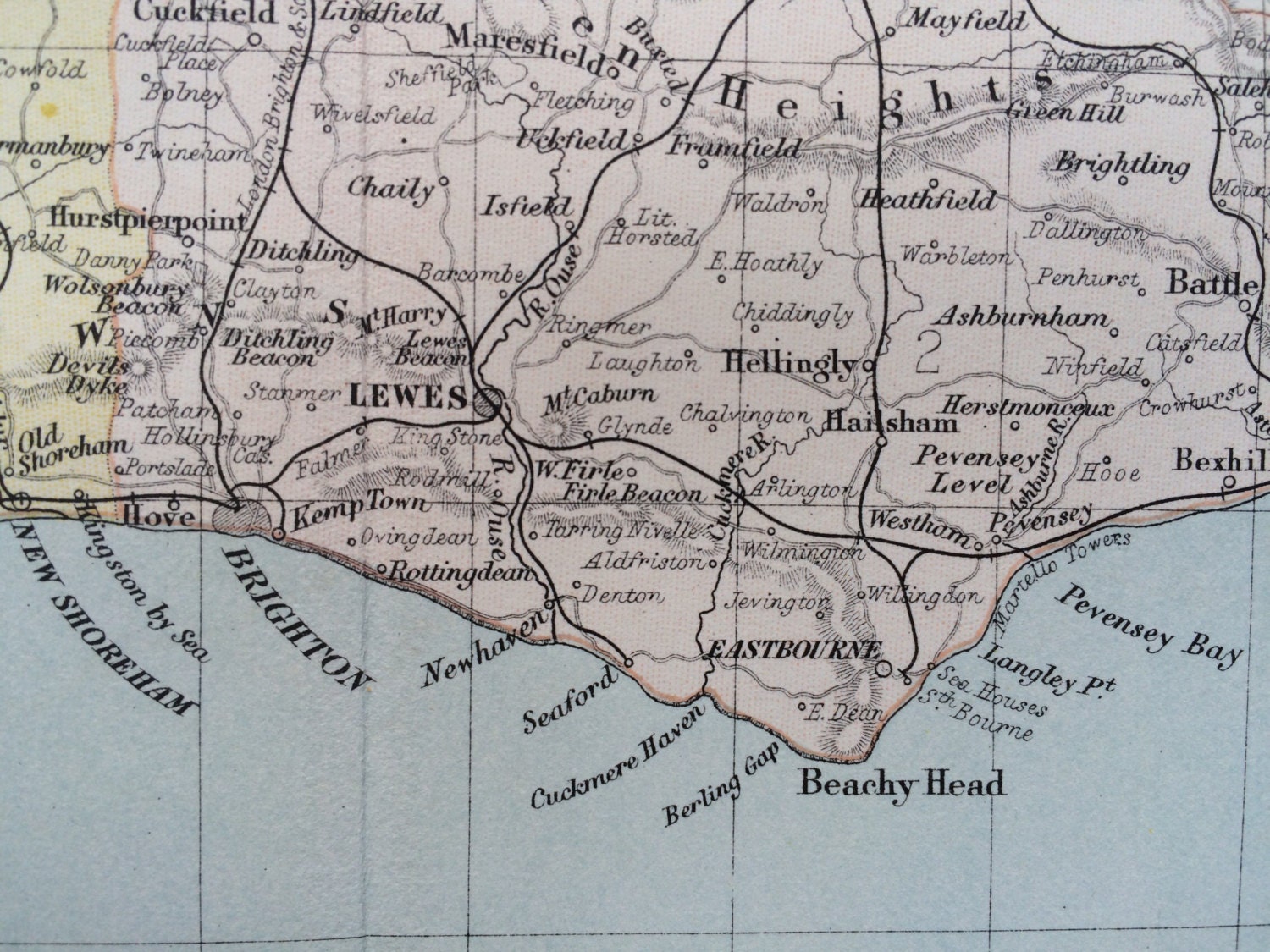 1882 SUSSEX original antique map, english county, cartography, geography, wall decor