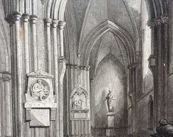 1838 Chichester Cathedral - Northern Aisle Original Antique Engraving - Architecture - Mounted and Matted - Available Framed