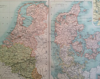 1898 Belgium, Netherlands & Denmark Large Original Antique Map, 14 x 18.5 inches, historical wall decor, Bartholomew map, Home Decor