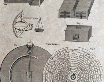 1806 Ventilator and Weighing Original Antique Engraving - Quadrant Scale - Encyclopaedia - Mounted and Matted - Available Framed