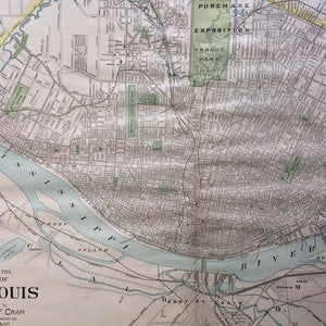 1907年セントルイス大型オリジナルアンティークマップ、22.5 x 14.5インチ、ホームデコレーション、地図作成、地理、ヴィンテージデコレーション、ミズーリ、ギフトアイデア