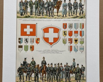 1897 Switzerland - Army and Flags Original Antique Print - Military Decor - Swiss History - Mounted and Matted - Available Framed