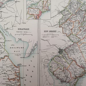 Grande carte noire originale en A et C du Delaware et du New Jersey de 1898 - États-Unis - Déco murale victorienne - Idée cadeau de mariage