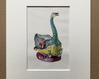 1953 Swan and Cygnets Original Vintage Print - Staffordshire Pottery - Ceramics - Mounted and Matted - Available Framed