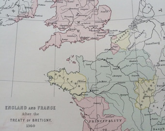 1875 England & France after the treaty of Bretigny 1360 Original Antique Map - Available Matted and Framed - Brittany - French History