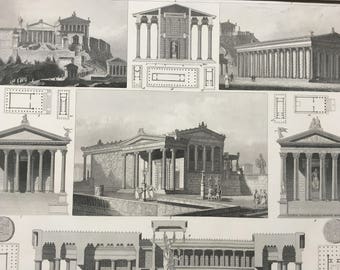 1849 Greco-Roman Architecture Large Original Antique Engraving - Mounted and Matted - Roman Architecture - Victorian Decor