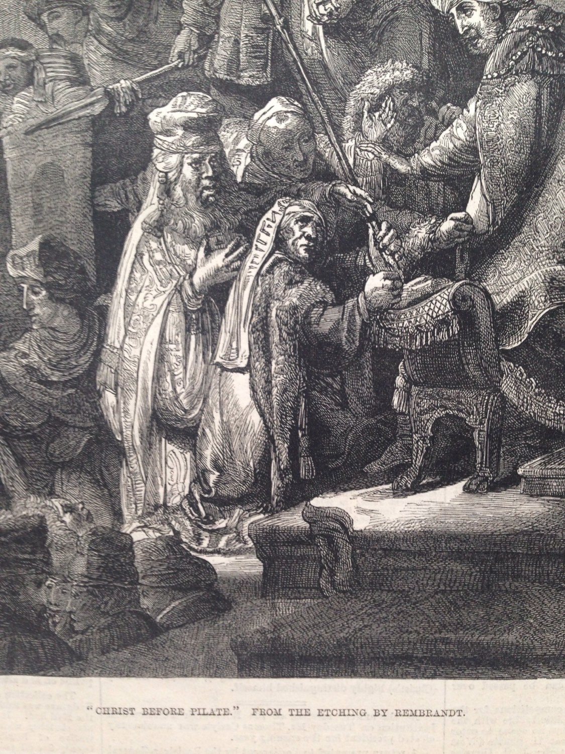 1877 Christ before Pilate from etching by Rembrandt antique print from