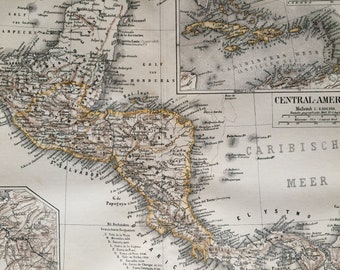 1875 Central America Original Antique Map with inset maps of the Panama Canal and West Indies - Available Framed