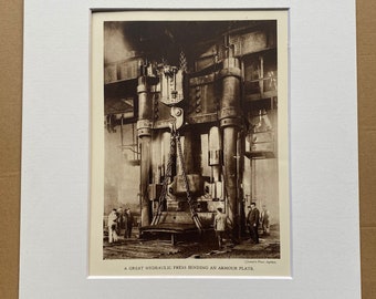1933 A Great Hydraulic Press Bending an Armour Plate Original Vintage Print - Machinery - Mechanics - Mounted and Matted - Available Framed