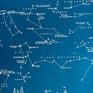 May include: A vintage-style star chart in blue and white, depicting constellations such as Orion and Taurus. The map includes star names, constellation outlines, and the text "Overhead" and "South".
