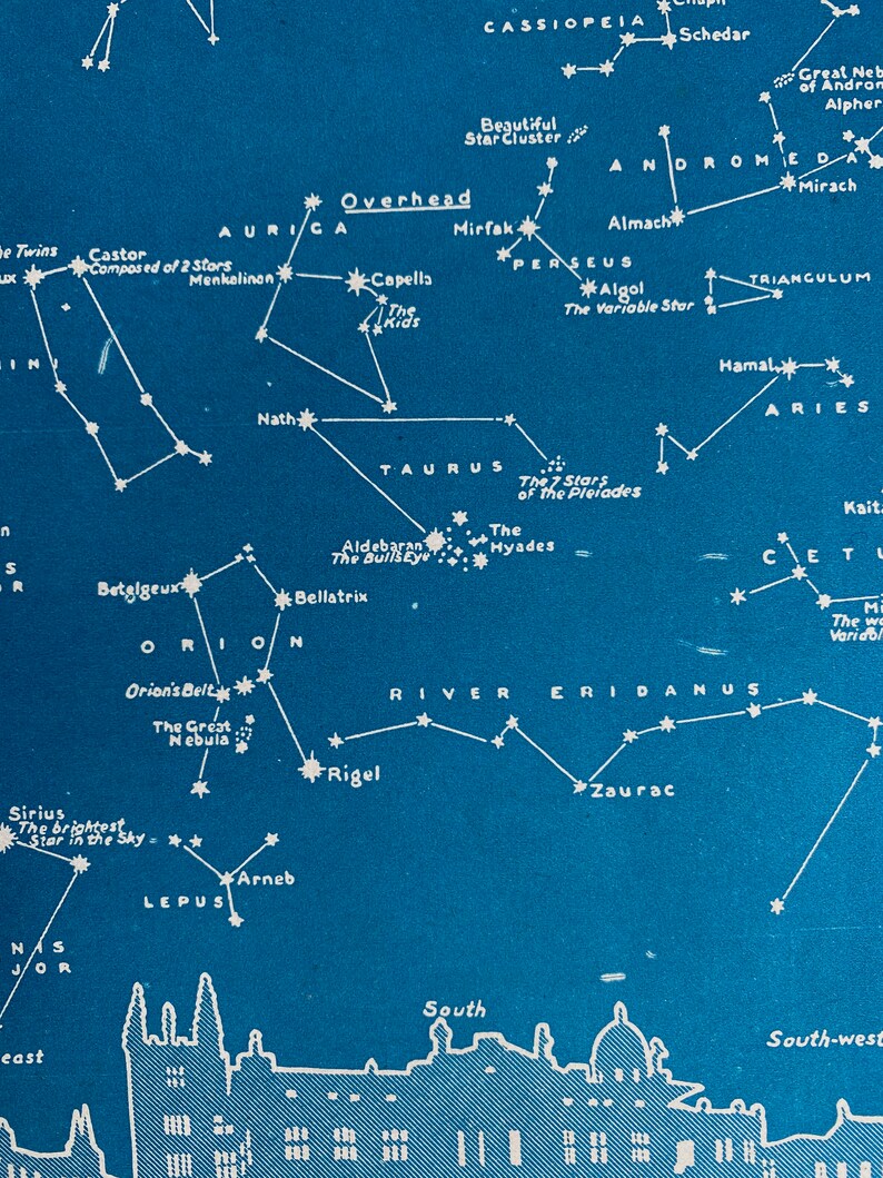 May include: A vintage-style star chart in blue and white, depicting constellations such as Orion and Taurus. The map includes star names, constellation outlines, and the text "Overhead" and "South".