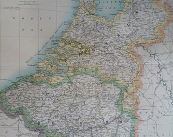1907 BELGIUM and the NETHERLANDS original antique map, cartography, historical map, wall decor, home decor, W & A. K Johnston Atlas
