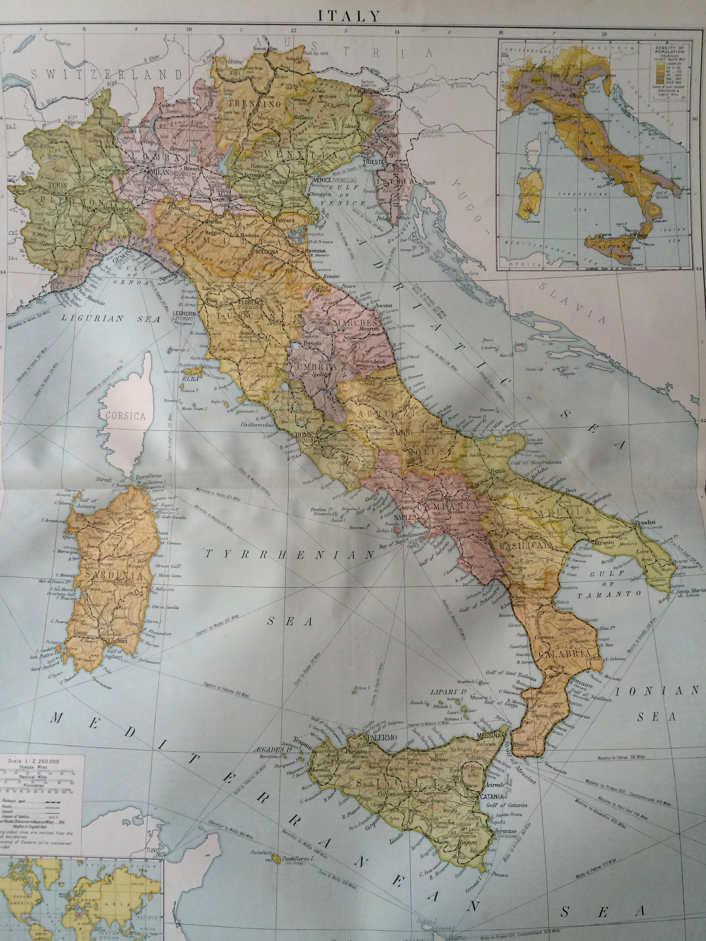 1920 Italy Extra Large Original Antique Map With Inset Maps Showing Density  of Population and Italian Possessions Railways, Canals -  Israel