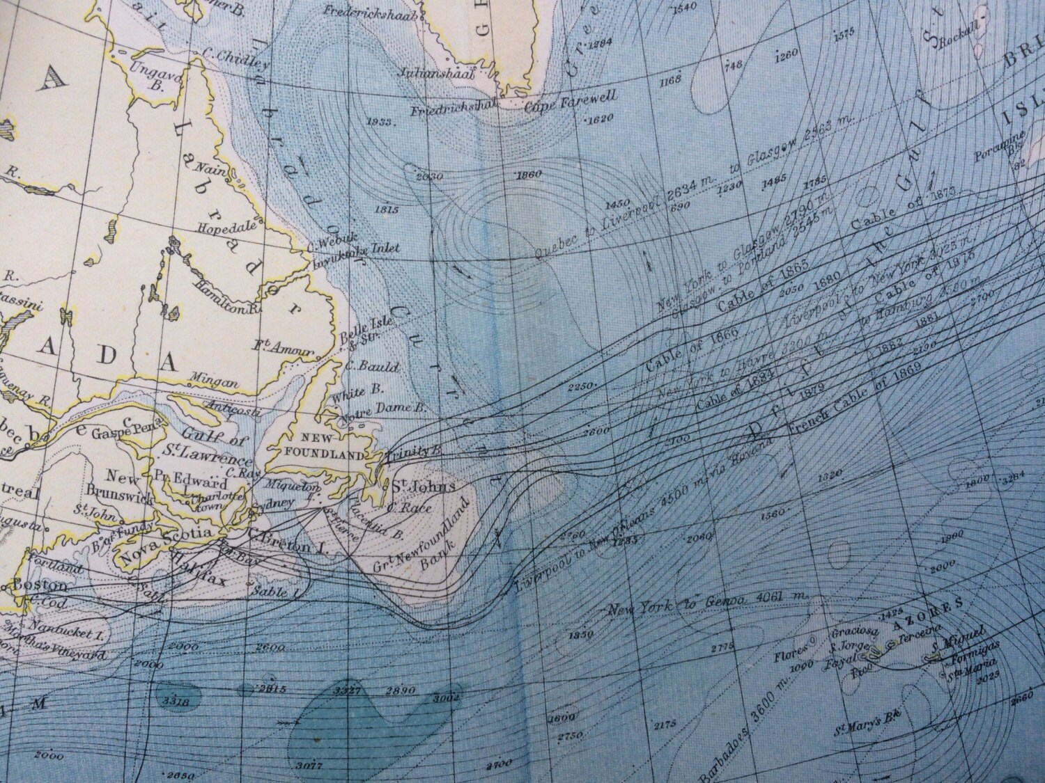 1904 NORTH ATLANTIC OCEAN on a gnomonic projection original antique map showing depths, currents