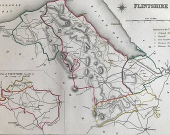 1845 Flintshire Original Antique Hand-Coloured Engraved Map - Available Framed - Cartography - Wall Decor - Wales